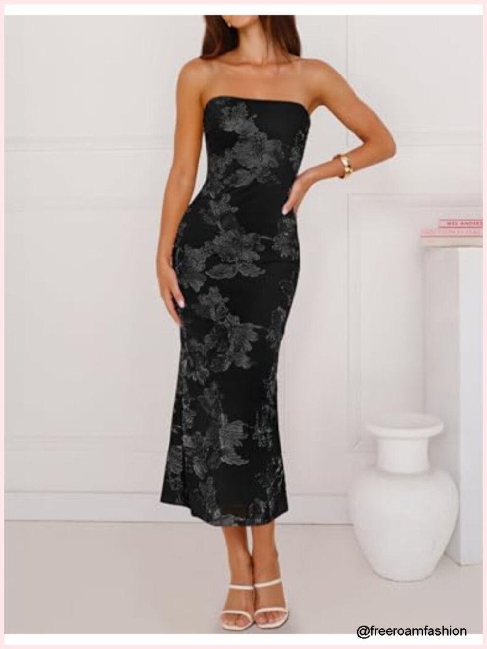 Strapless Floral Bodycon Mesh Midi Dress w/ Non-Slip Strips - Picture 3 of 6
